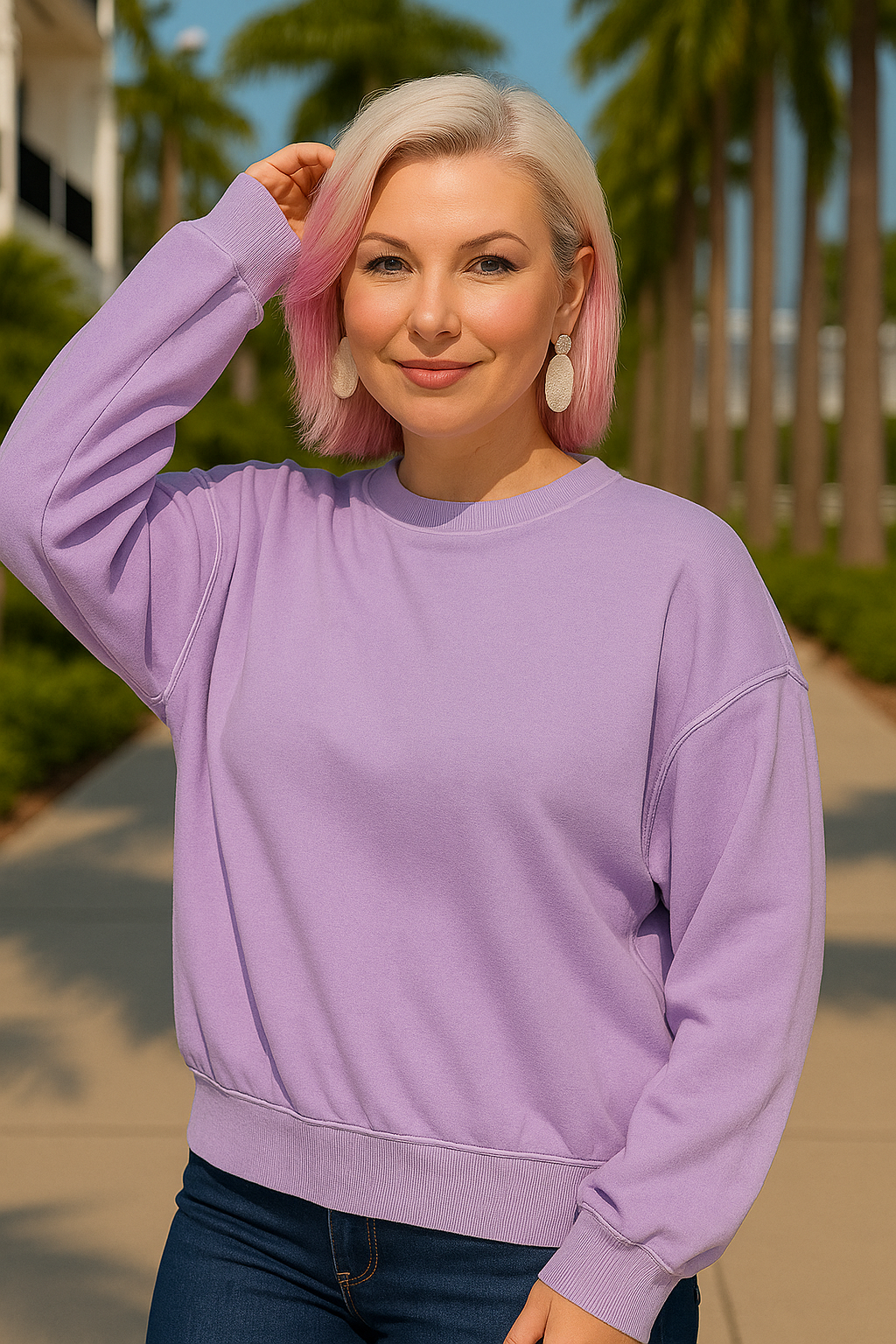 Zenana Lavender French Terry Pigment Dye Round-neck Sweatshirt LAVENDER