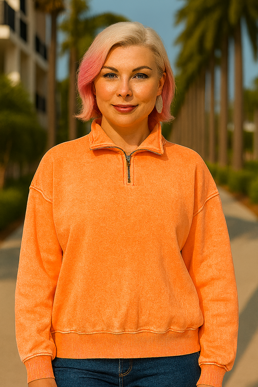 Zenana Light Orange French Terry Pigment & Enzyme Washing Half Zip Top