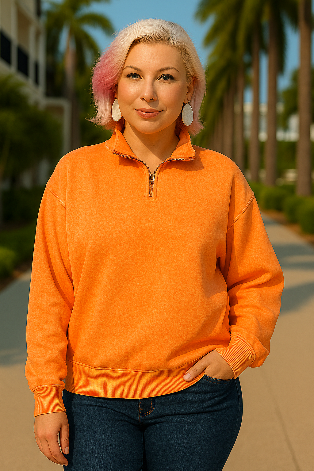 Zenana Light Orange French Terry Pigment & Enzyme Washing Half Zip Top LT ORANGE