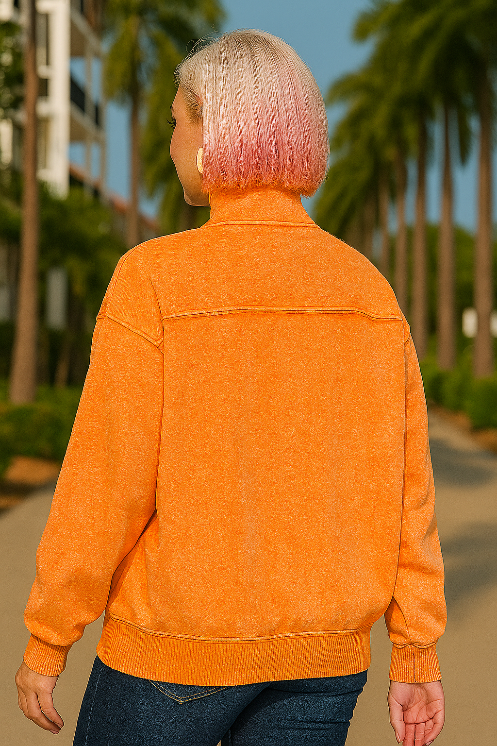 Zenana Light Orange French Terry Pigment & Enzyme Washing Half Zip Top