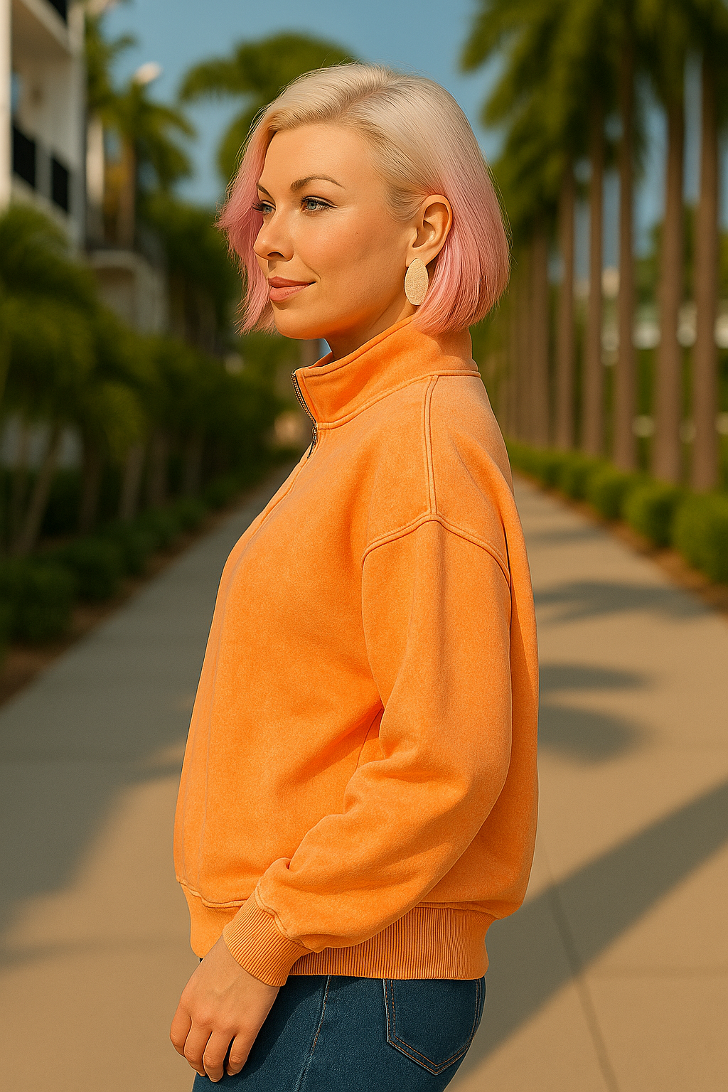 Zenana Light Orange French Terry Pigment & Enzyme Washing Half Zip Top