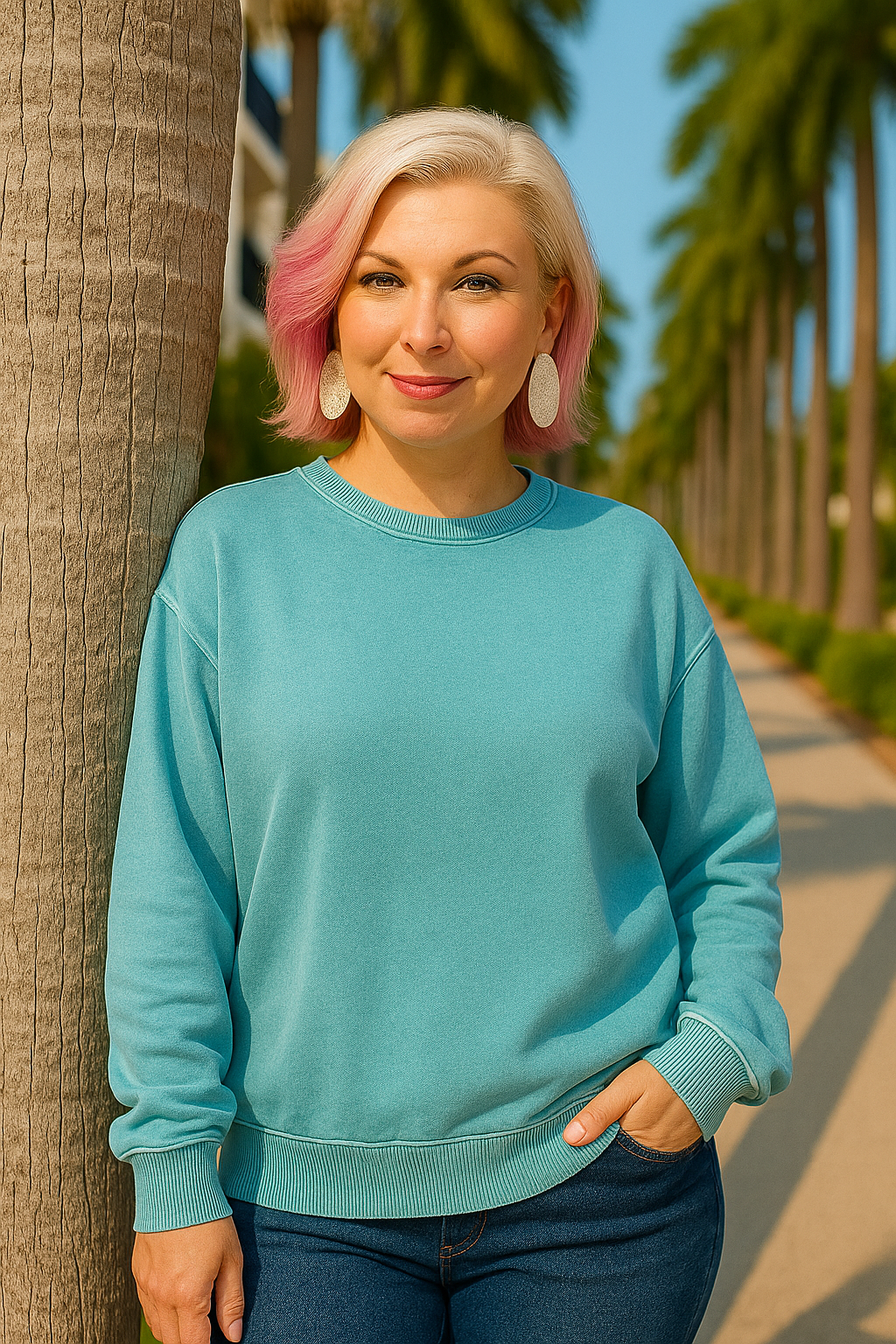 Zenana Light Teal Soft Fleece Pigment Dye Round-neck Sweatshirt LT TEAL