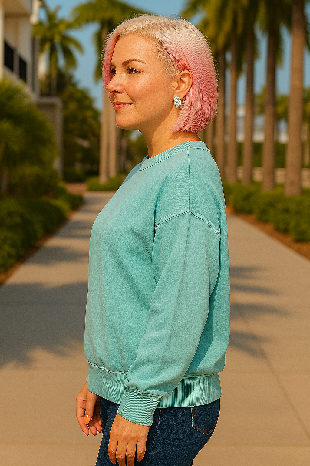 Zenana Light Teal Soft Fleece Pigment Dye Round-neck Sweatshirt