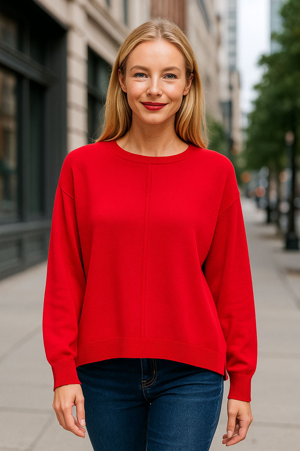 Zenana Red Viscose Front Seam Round-Neck Sweater H RED