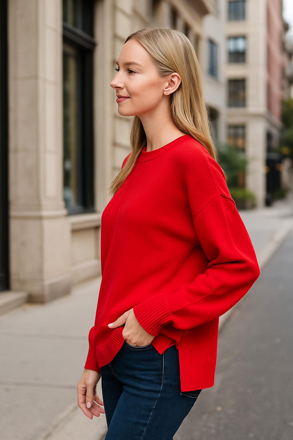 Zenana Red Viscose Front Seam Round-Neck Sweater