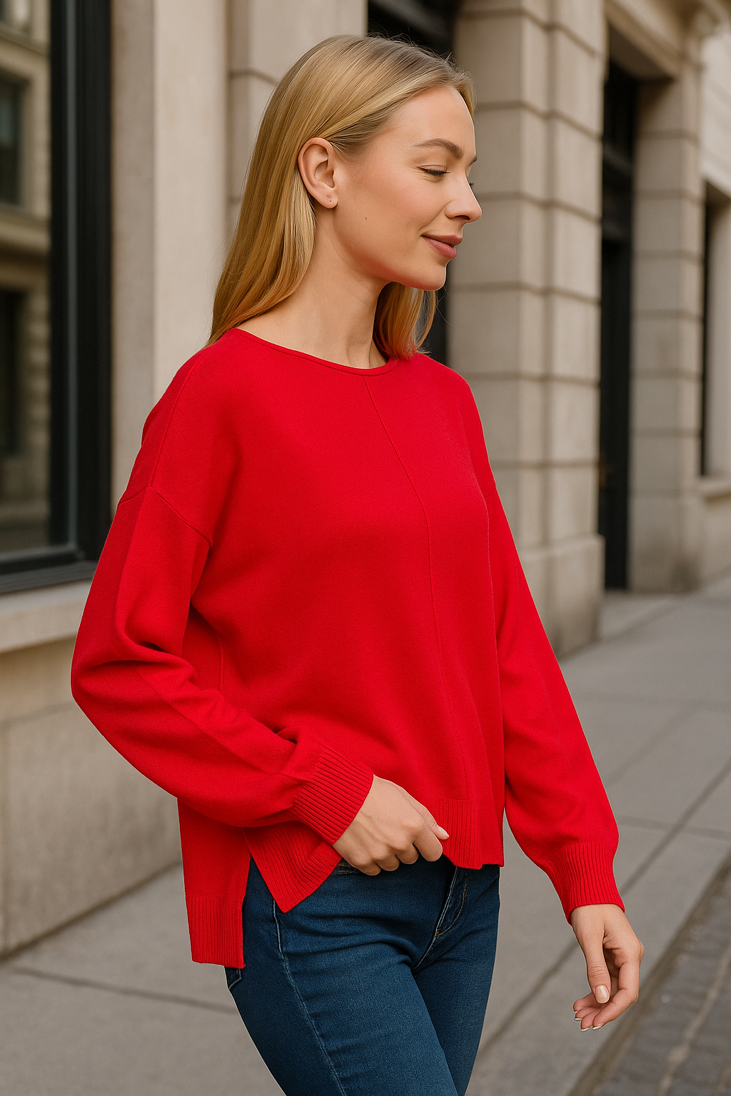 Zenana Red Viscose Front Seam Round-Neck Sweater
