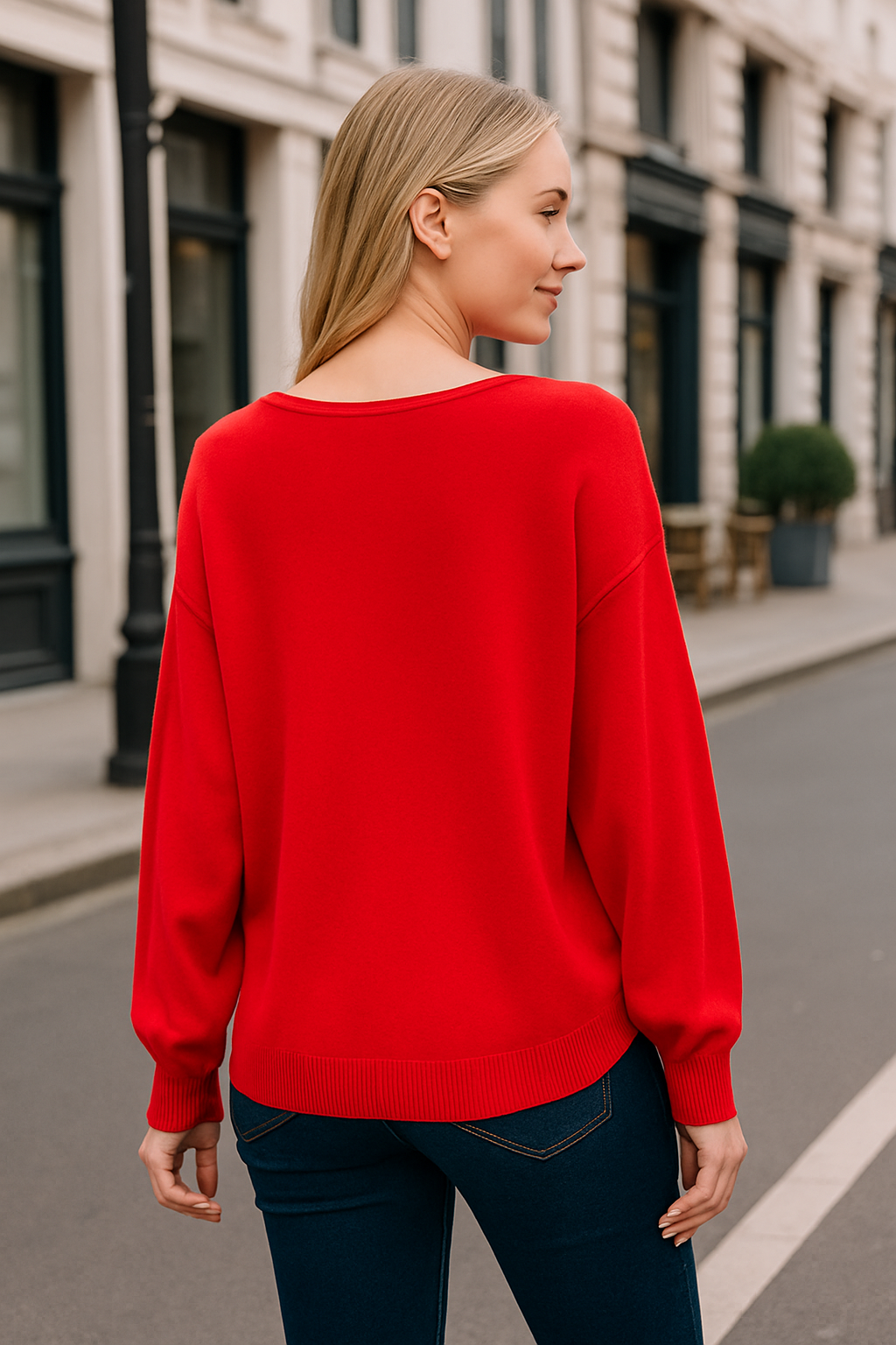 Zenana Red Viscose Front Seam Round-Neck Sweater