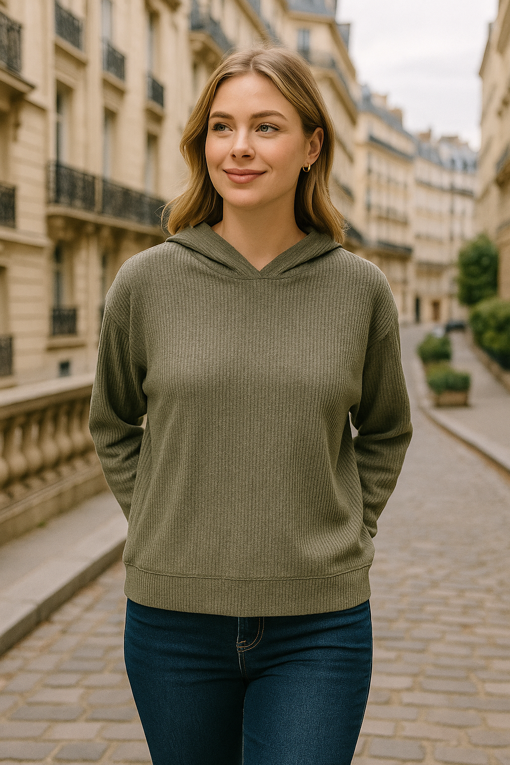 Zenana Olive Ribbed Long Sleeve Hoodie