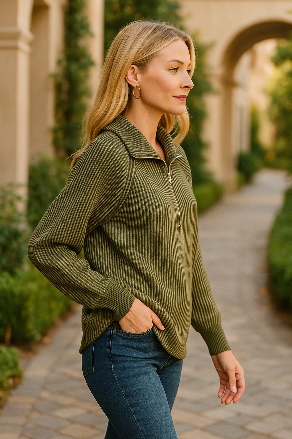 Zenana Ribbed Two Tone Half Zip Sweater in Dark Olive