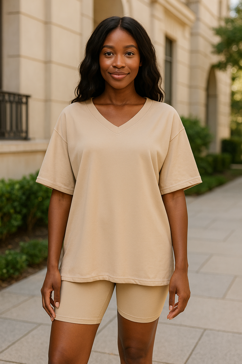 Zenana Sand Beige Cotton V-neck Top & Biker Shorts Set