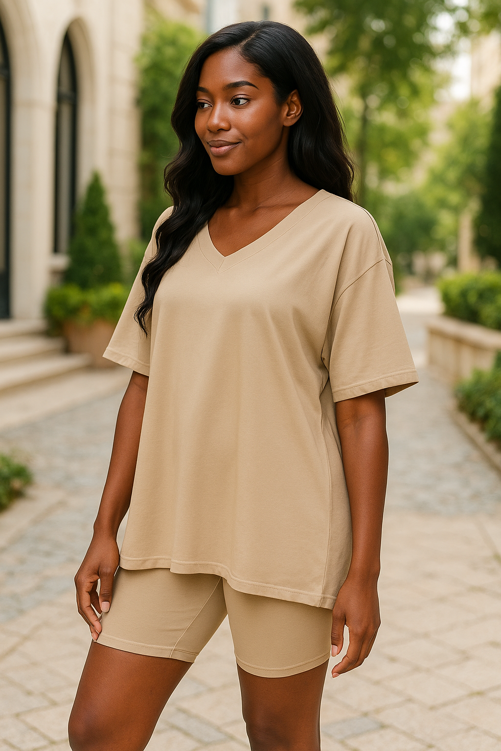 Zenana Sand Beige Cotton V-neck Top & Biker Shorts Set