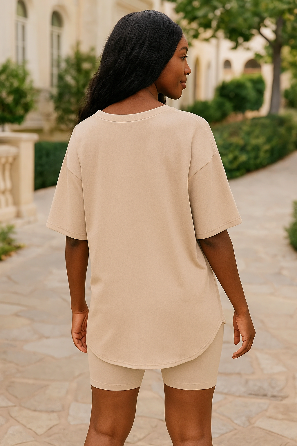 Zenana Sand Beige Cotton V-neck Top & Biker Shorts Set