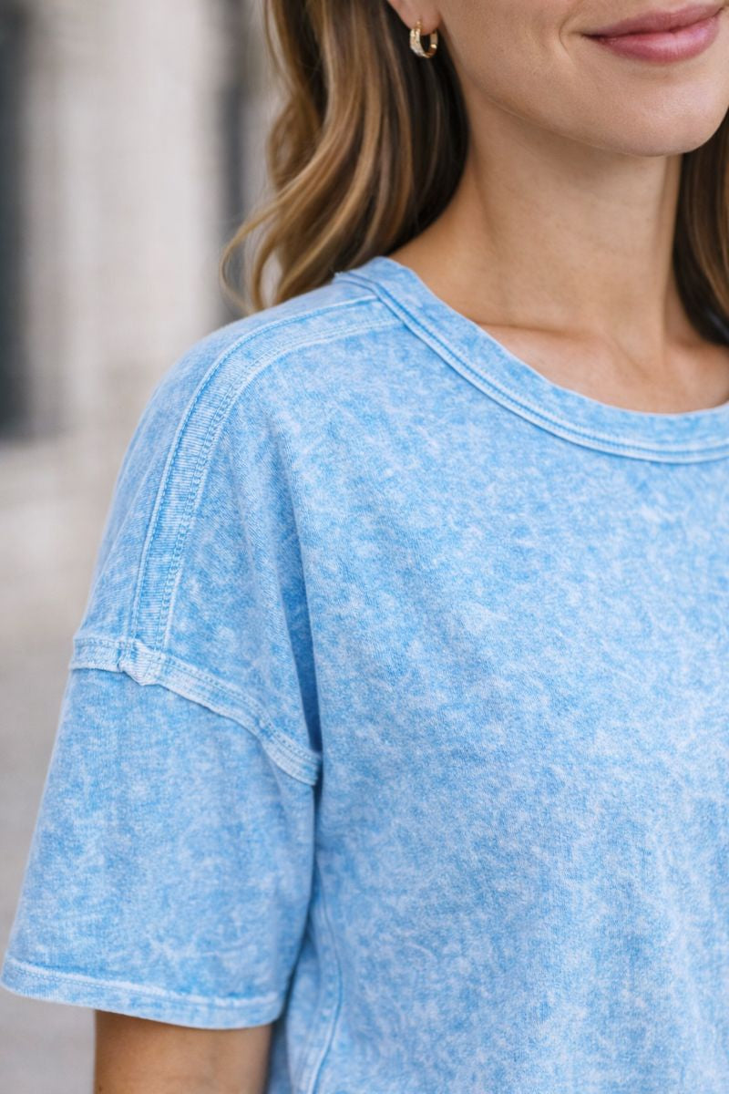 Zenana Sky Blue Halo Snow Washed Short Sleeve Tee and Shorts Set