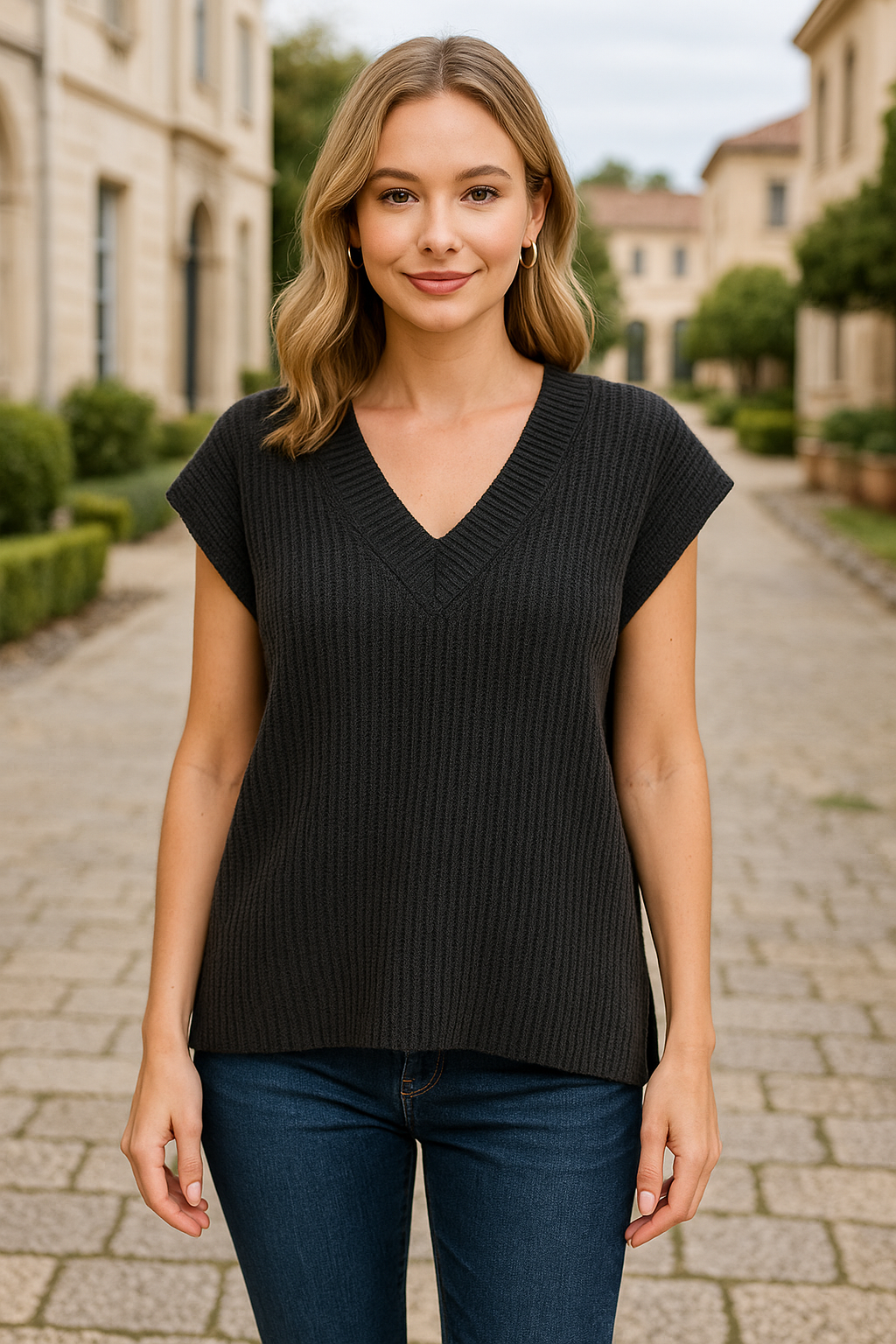 Zenana Black Ribbed Slit V-Neck Sweater Vest BLACK