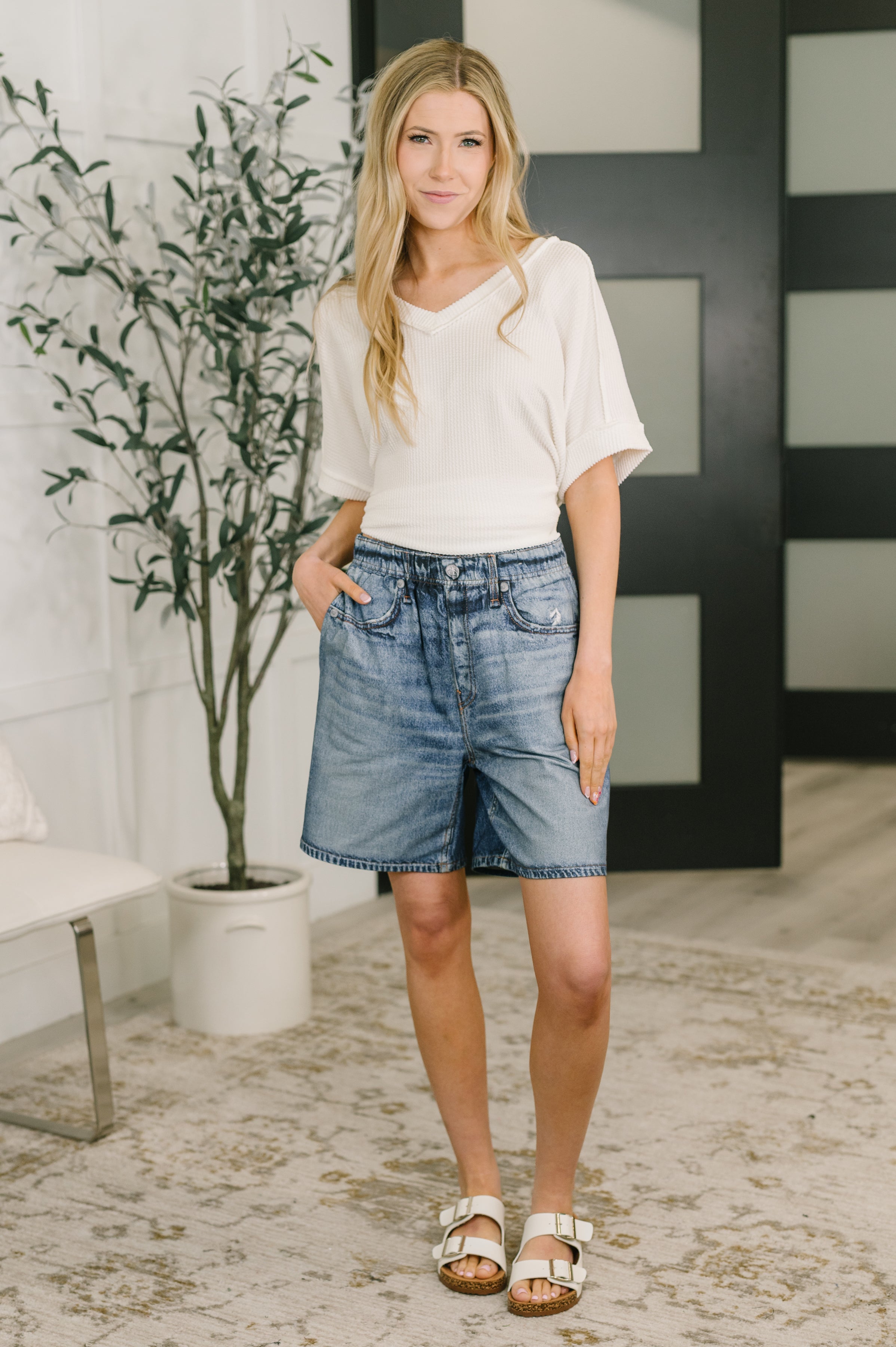 Dear Scarlett Zenim Printed High Waisted Shorts in Classic Denim Womens