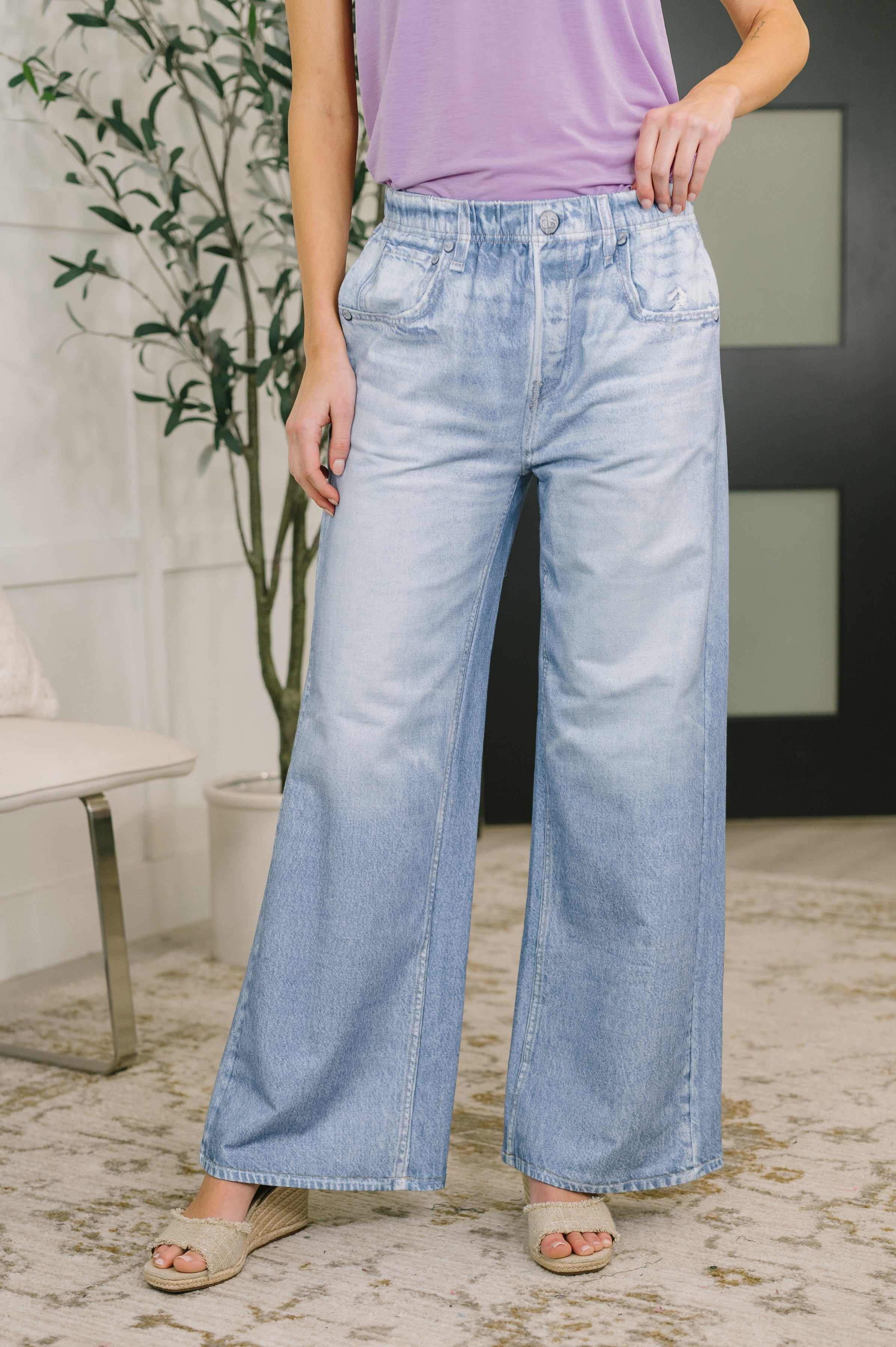Dear Scarlett Zenim Printed Wide Leg Bottoms in Light Wash Womens