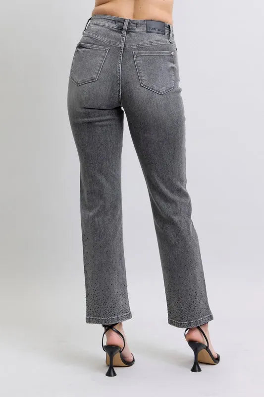 Judy Blue Gray High Waist Rhinestone Straight Jeans