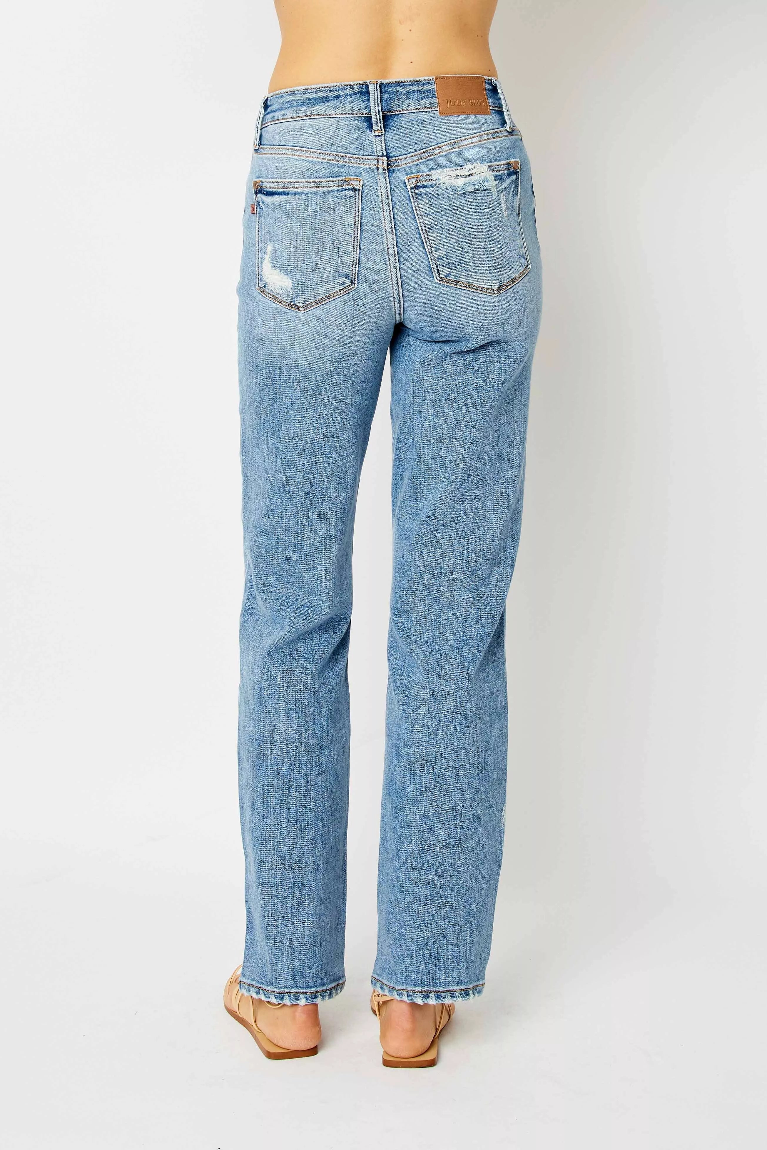 Judy Blue Medium Washed High Waist Straight Jeans with Heavy Destroy Hem