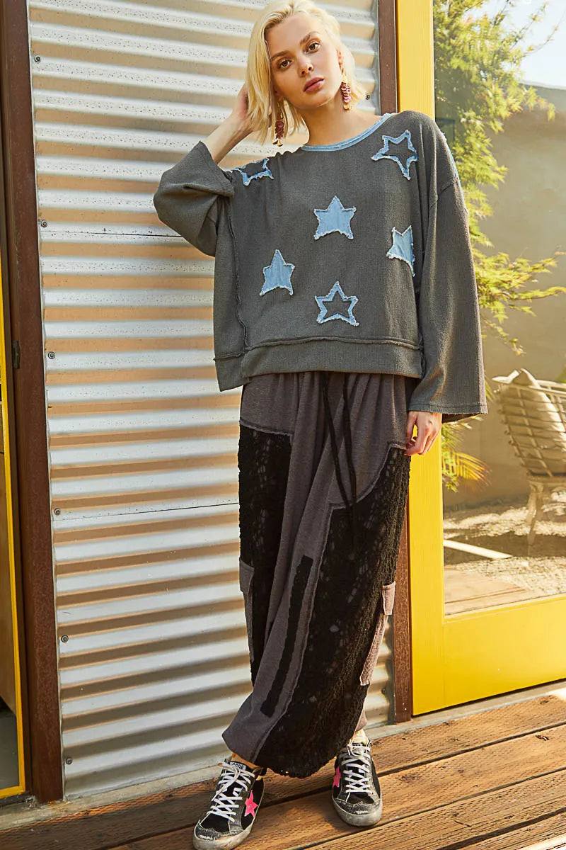 POL Charcoal Exposed Seam Relaxed Fit Sweater with Star Denim Patches