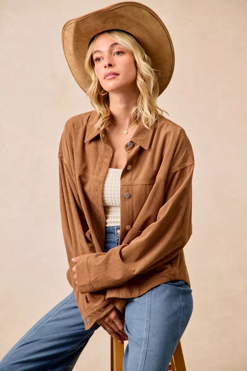 BiBi Camel Corduroy Relaxed Fit Shacket with Back Pleat