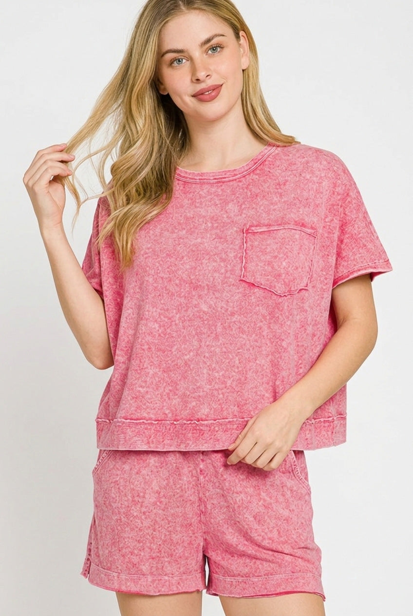 Zenana Red Halo Snow Washed Boxy Top & Shorts Set