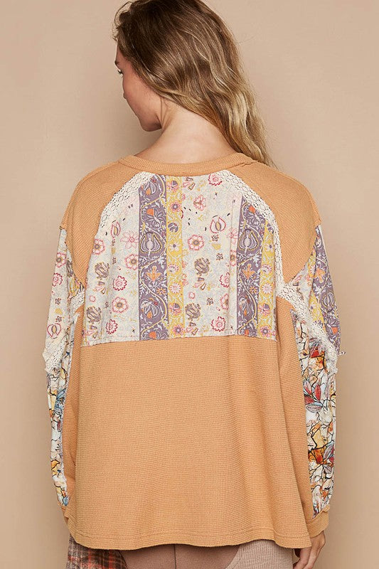 POL Sherbet Waffle-Knit Lace Detail Round Neck Top Shirts & Tops