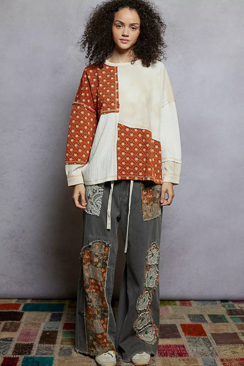 POL Cream Multi Contrast Patchwork Round Neck Long Sleeve Top