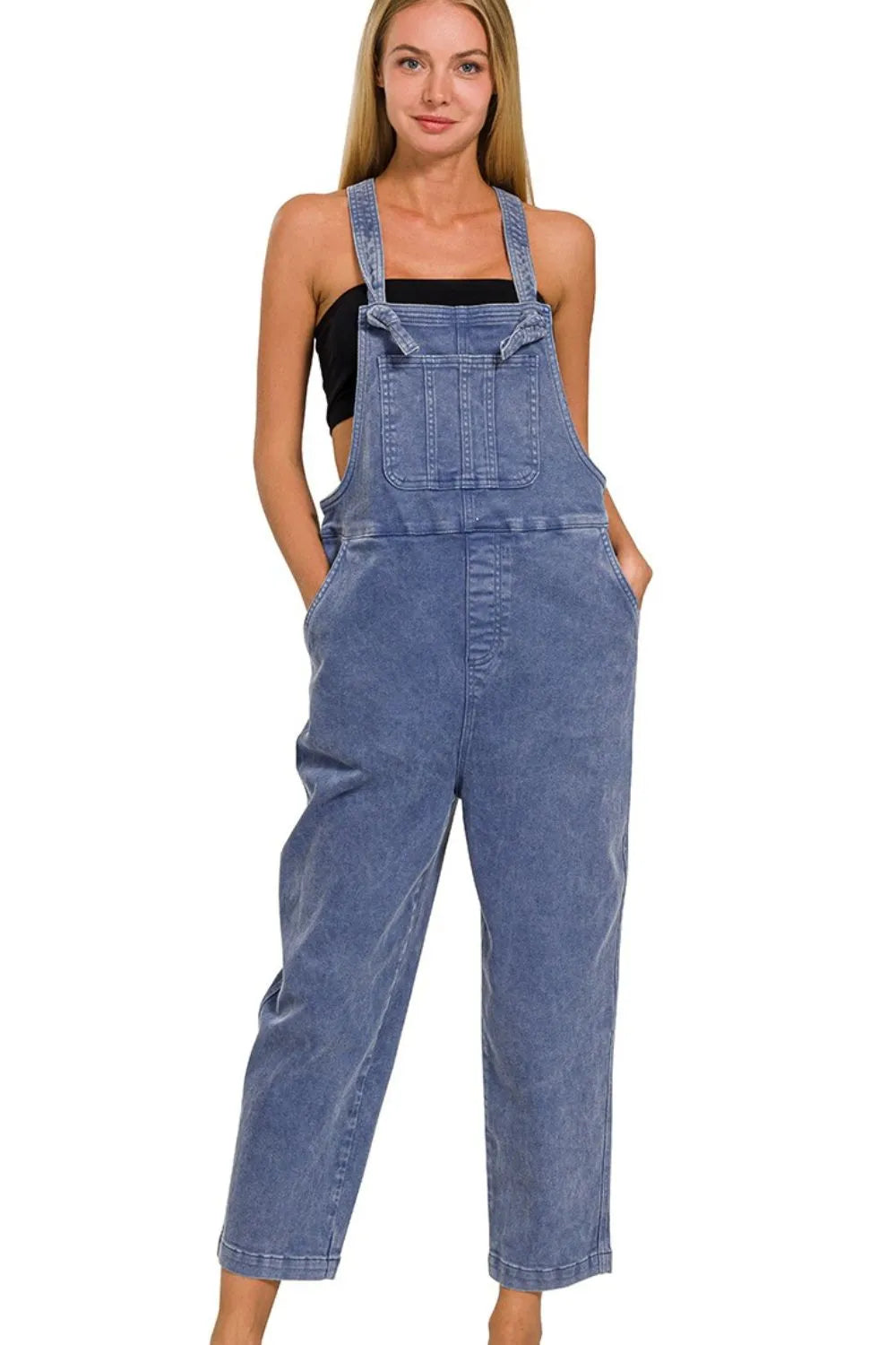 Zenana Blackberry Washed Knot Strap Relaxed Fit Overalls BLACKBERRY