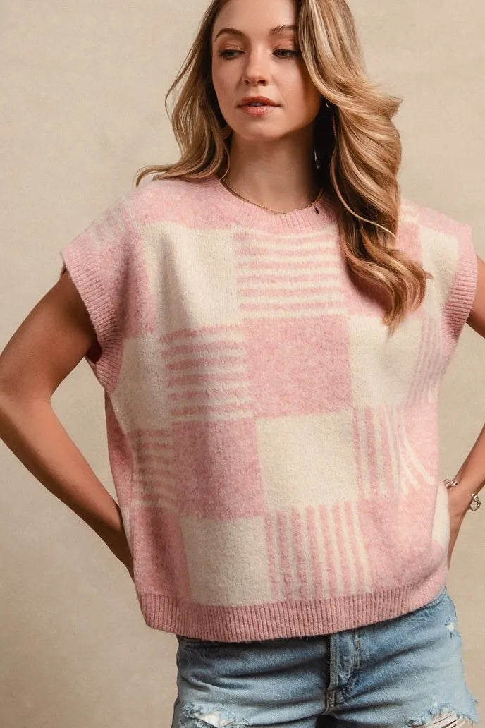 BiBi Blush & Ivory Checker With Stripes Pattern Sleeveless Sweater