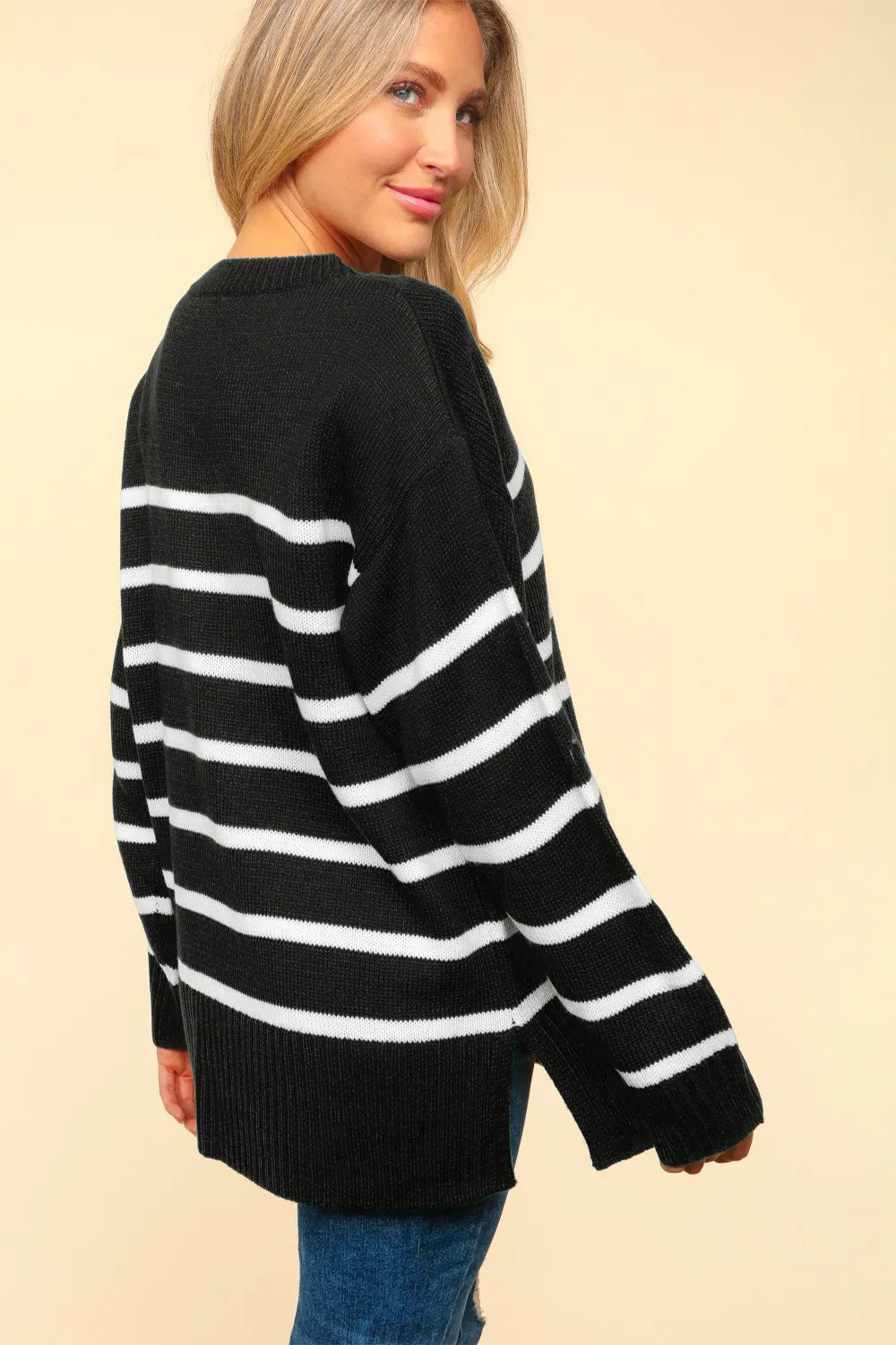 Haptics Black Striped Contrast Side Slit Sweater