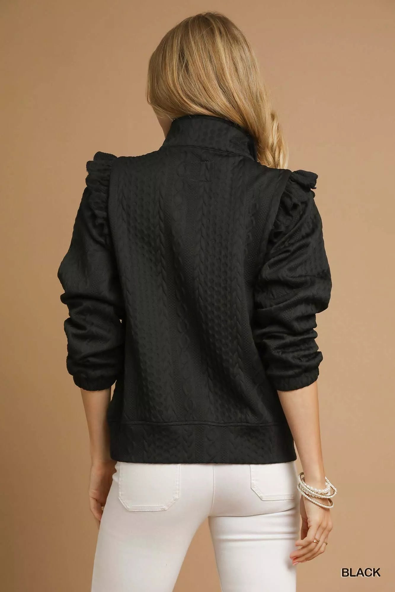 Umgee Black Half-zip Cable Knit Textured Pullover with Ruffle Shoulders