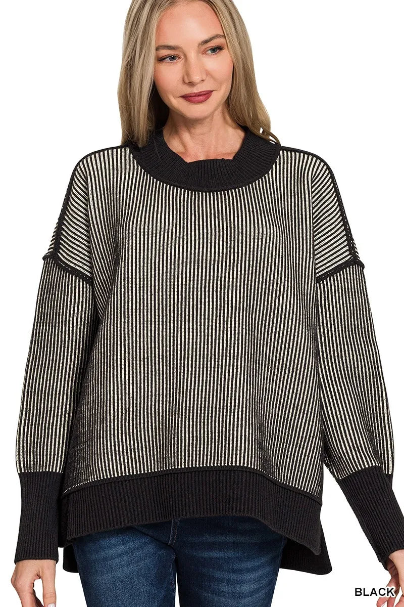Zenana Black Exposed Seam Two Tone Ribbed Sweater BLACK