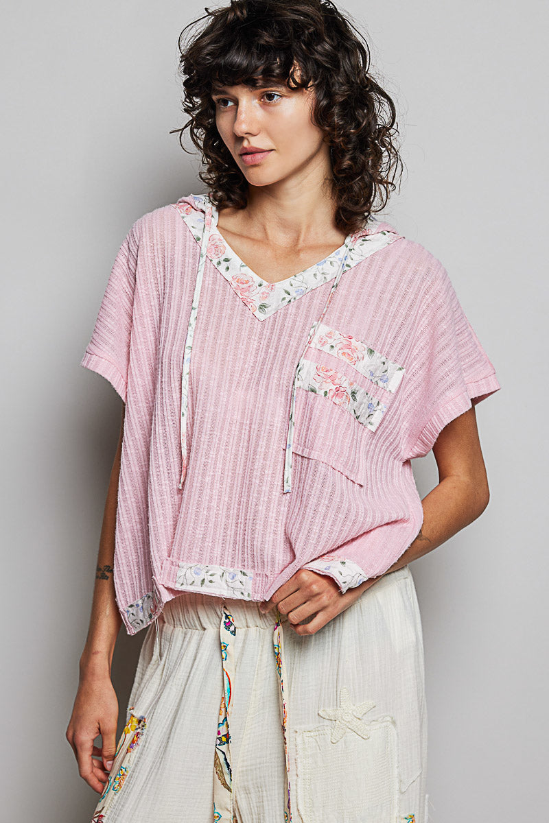 POL Short Sleeve Hooded Top with Back-Open & Pearl Details