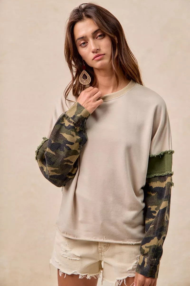 BiBi Taupe & Olive Camo Sleeve French Terry Top with Frayed Edge