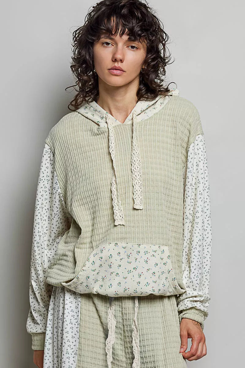 POL Sage Mixed Knit Contrast Print Sleeve Hoodie with Kangaroo Pocket SAGE MULTI