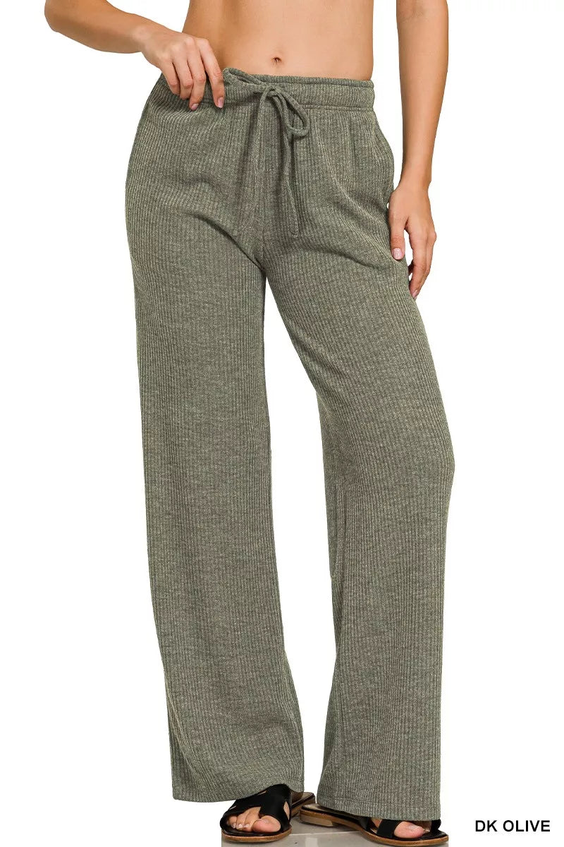 Zenana Dark Olive Ribbed Drawstring Lounge Pants