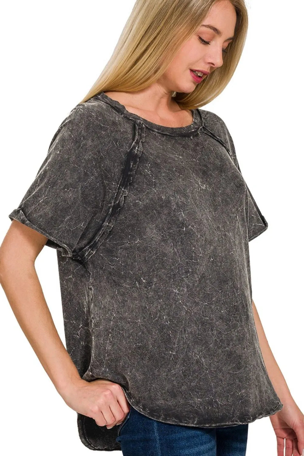 Zenana Ash Black Back Patch Crinkle Washed Raglan Sleeve T-Shirts