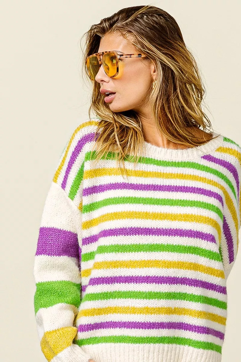 BiBi Ivory Mardi Gras Colors Stripe Comfy Sweater