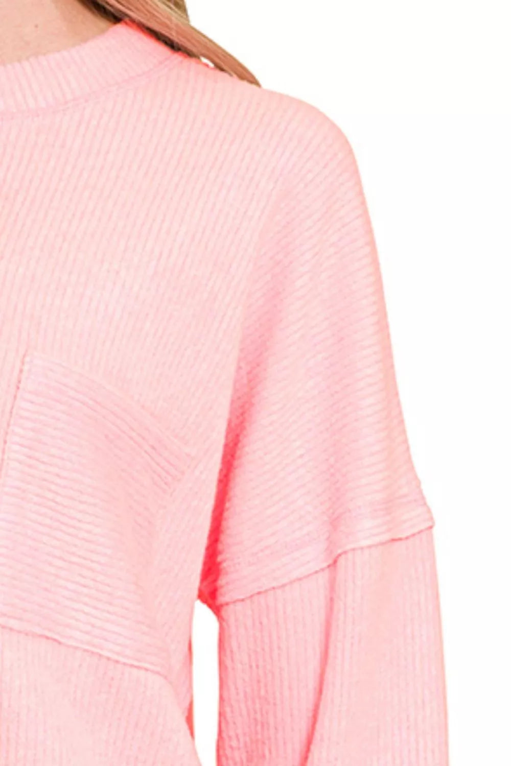 Zenana Dark Pink Ribbed Brushed Melange Hacci Sweater with Chest Pocket