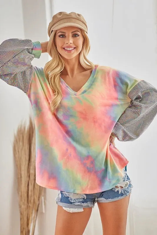 BiBi V Neck Tie Dye French Terry Top with Shiny Balloon Sleeves