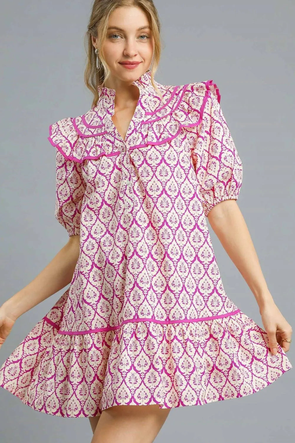 Umgee Hot Pink Abstract Printed Ruffle Trim Puff Sleeve Mini Dress