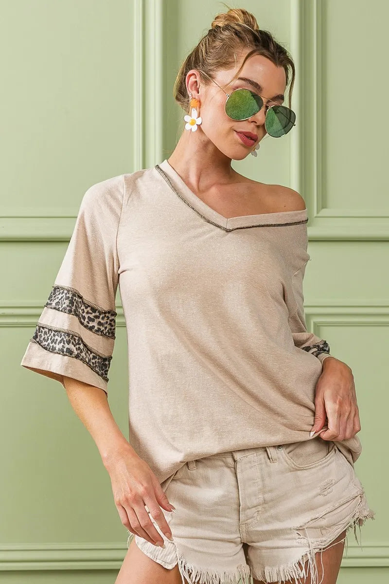 BiBi Oatmeal Triblend Knit Top with Leopard Band Detail