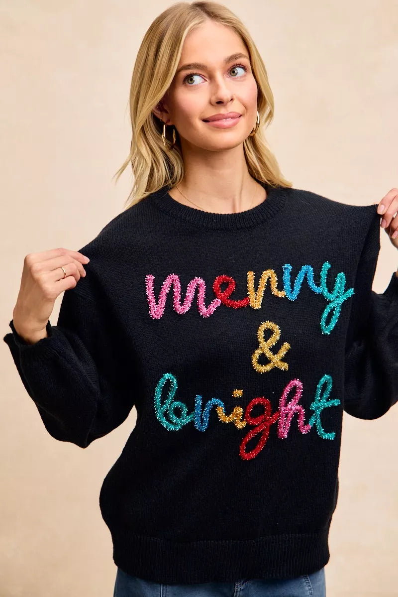 BiBi Black Tinsel Lettering Merry & Bright Christmas Sweater