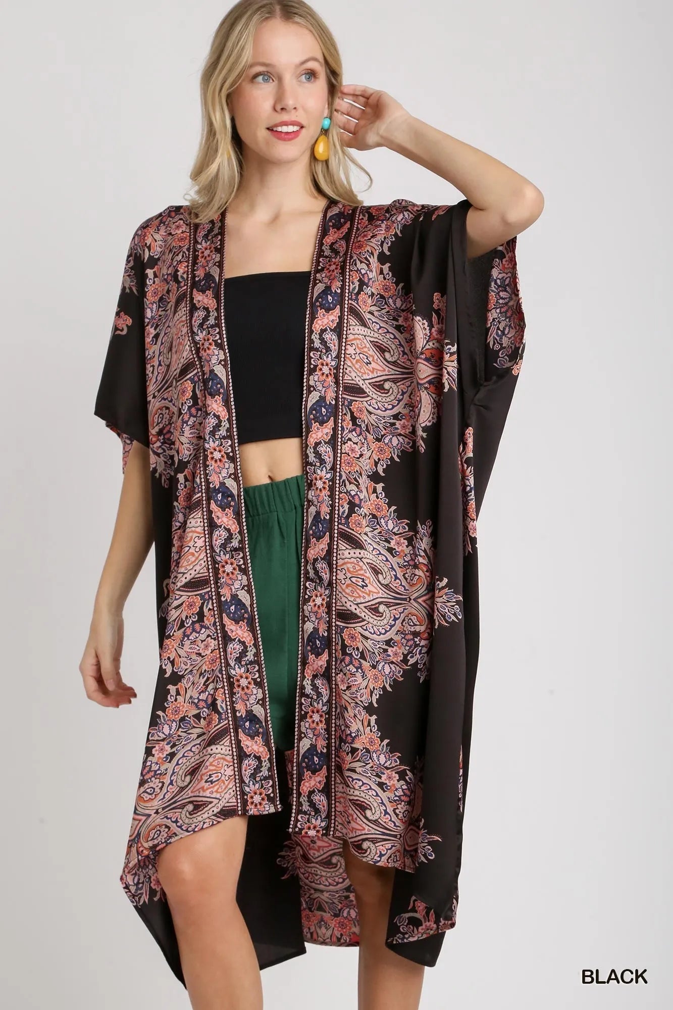 Umgee Satin Border Print Short Sleeve Open Front Kimono Black