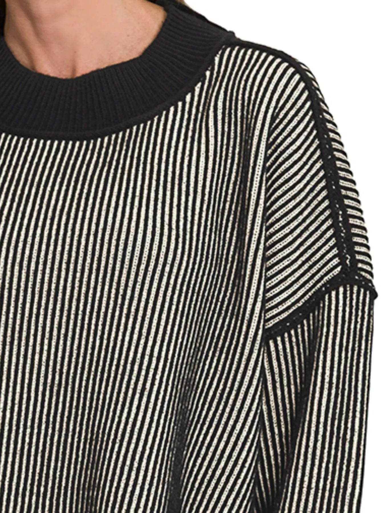 Zenana Black Ribbed Exposed Seam Two Tone Sweater