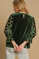 Umgee Olive Velvet Polka Dot Lace Long Sleeve Round Neck Blouse Shirts & Tops