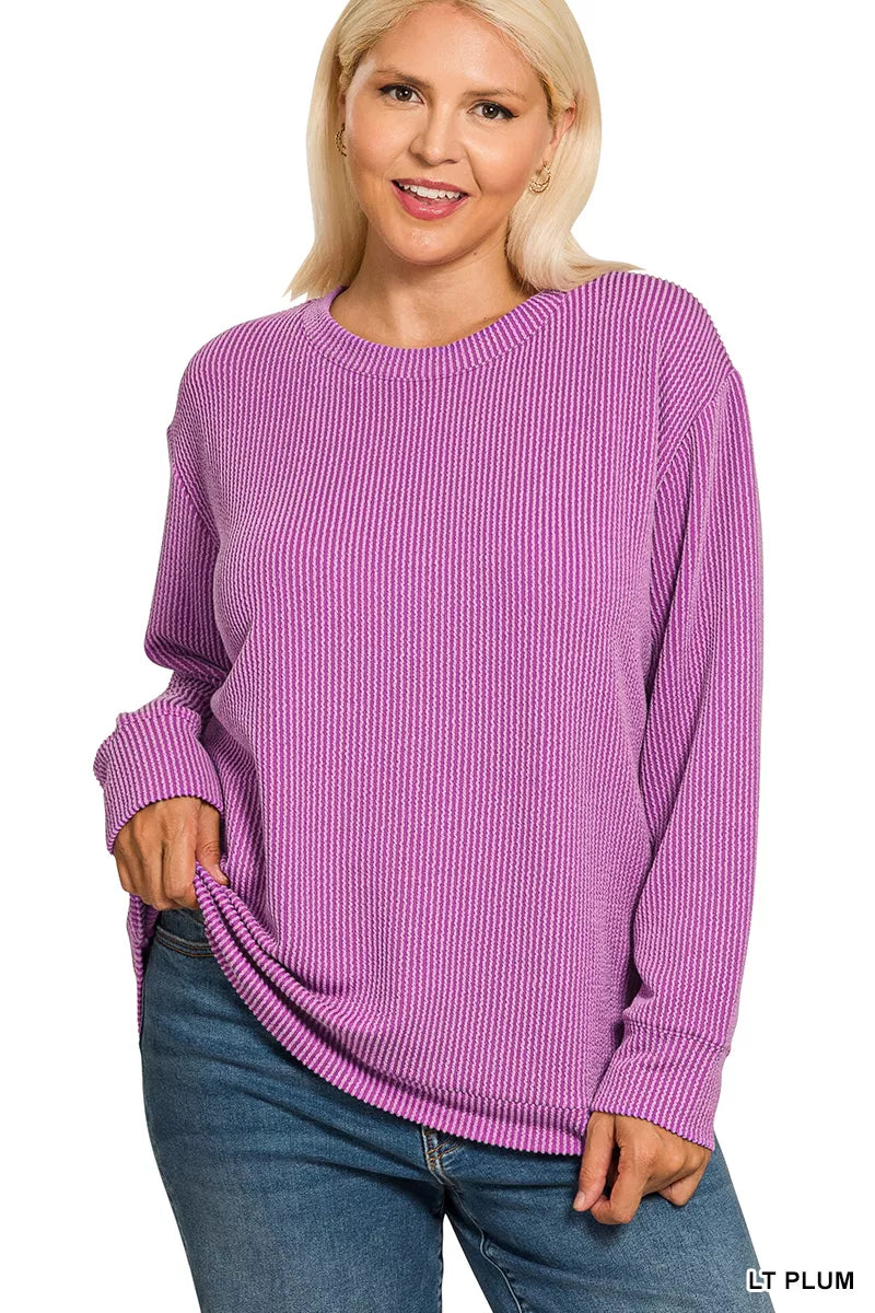 Zenana Light Plum Raised Rib Round Neck Long Sleeve Top