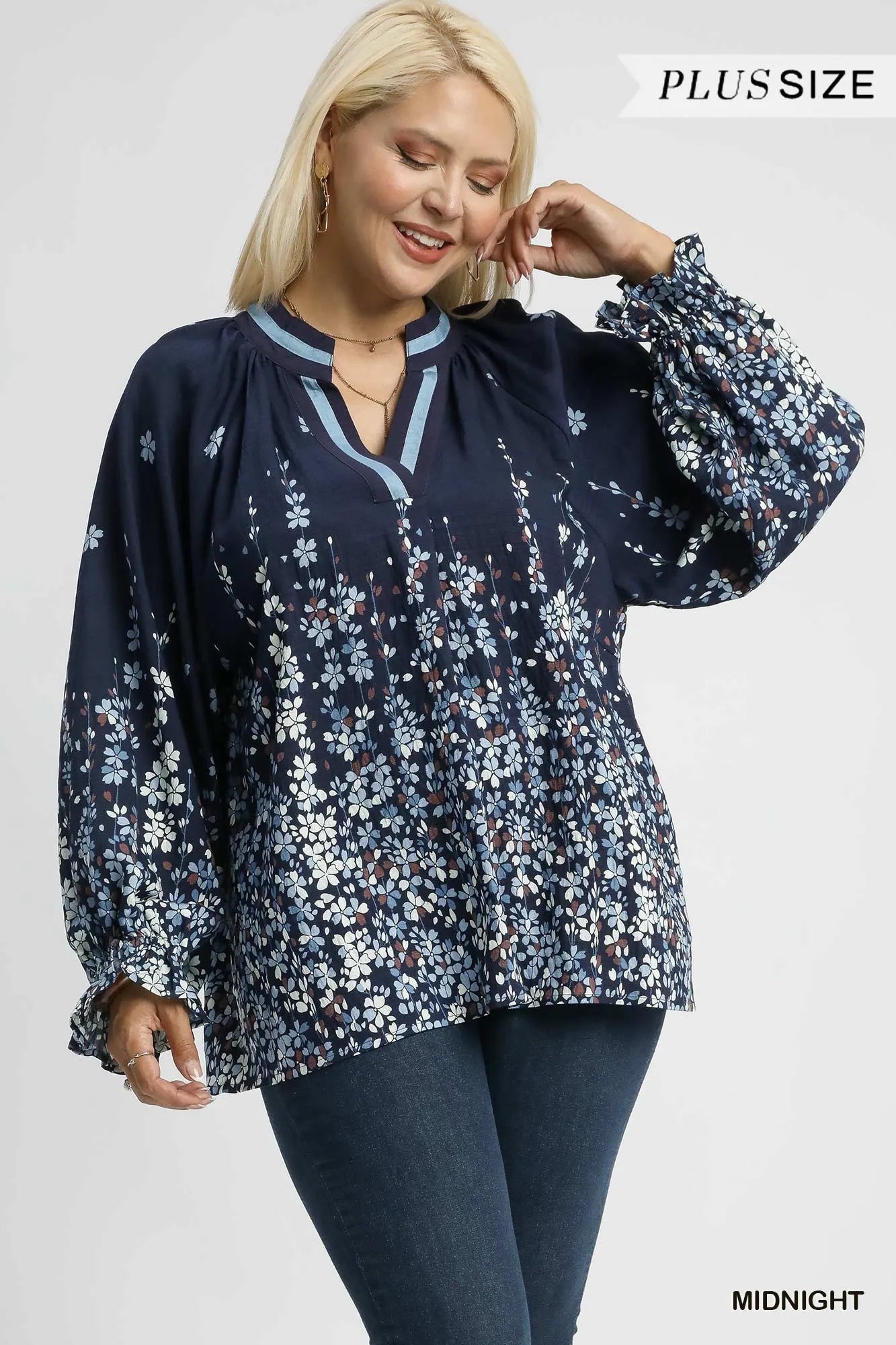 Umgee Midnight Floral Vine Print Blouse with Balloon Sleeves