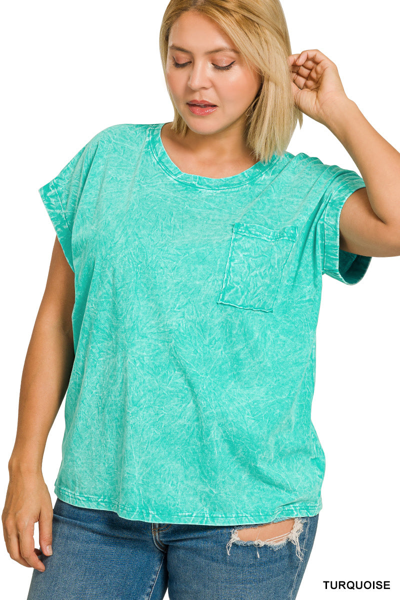 Zenana Turquoise Crinkle Washed Round Neck Folded Short Sleeve Tee