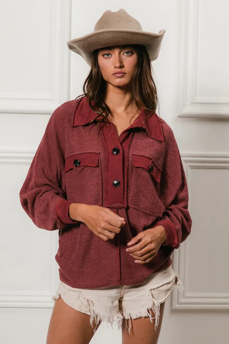 BiBi Marsala French Terry Cut Edge Detail Collared Long Sleeve Top